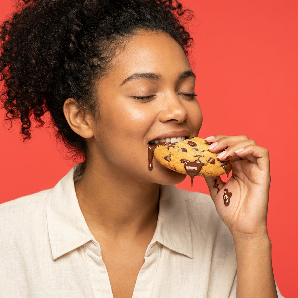 Mulher de olhos fechados mordendo um cookie com chocolate derretido.