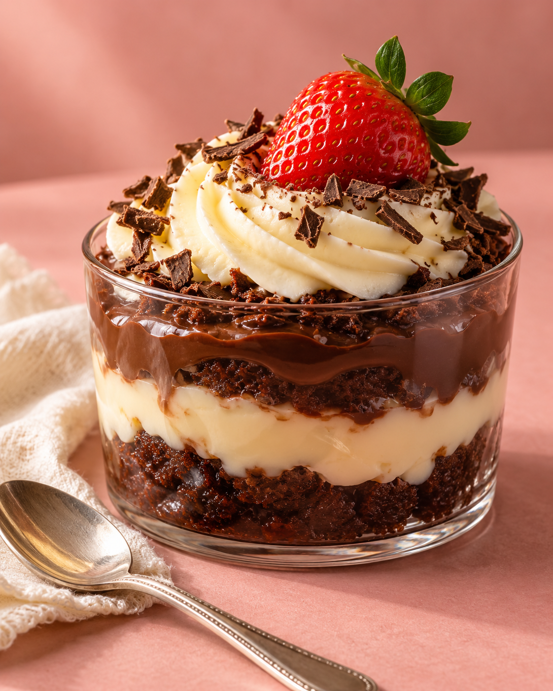 Bolo no pote com camadas de chocolate, creme branco e morango no topo.