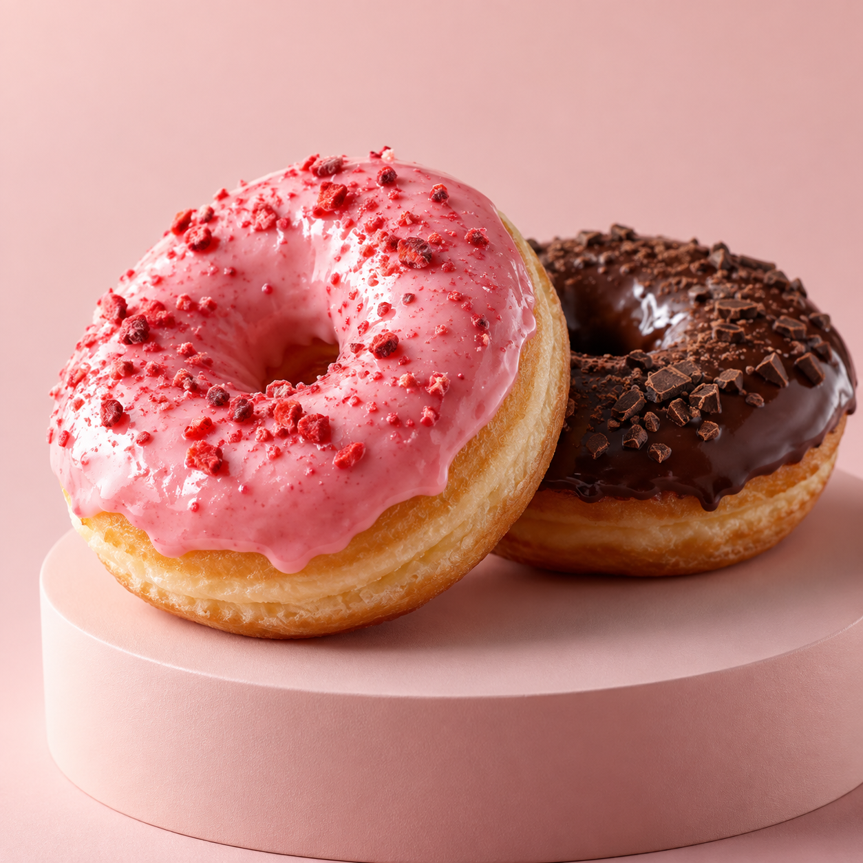 Dois donuts, um com cobertura rosa e outro com chocolate.