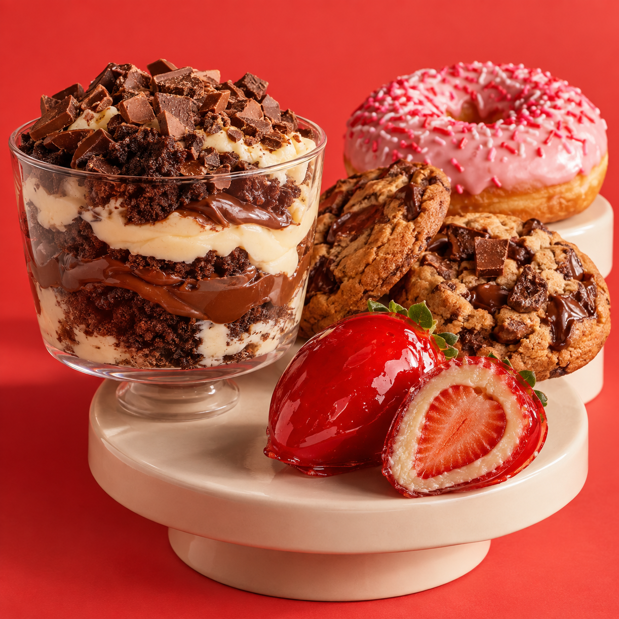 Bolo de pote com chocolate e creme, cookies, donut e morango do amor cortado ao meio.